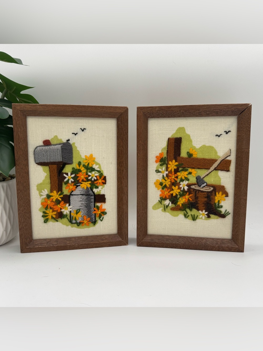 Vintage Country Crewel Embroidered art Pieces.